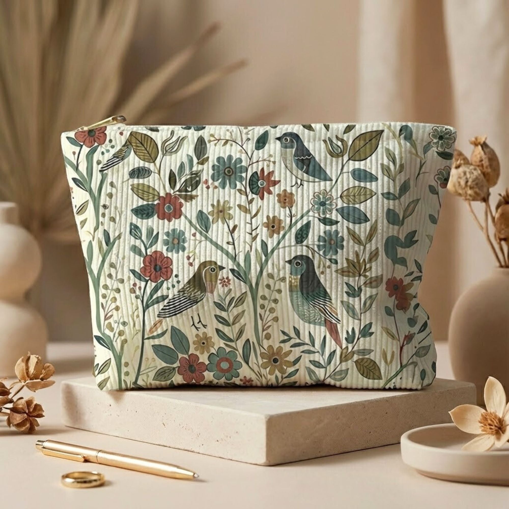 Large Corduroy Makeup Bag with Zip | Bird & Branch Cosmetic Pouch