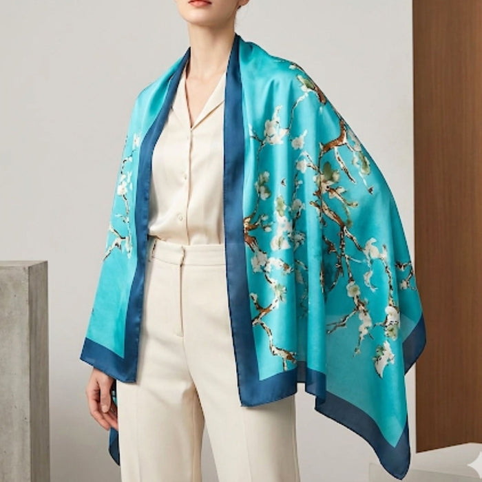 Luxury Blue Satin Wrap Scarf - Large