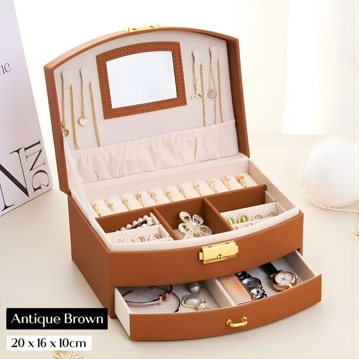 Luxury Two-Tier Jewellery Box with Mirror, Lining & Lock
