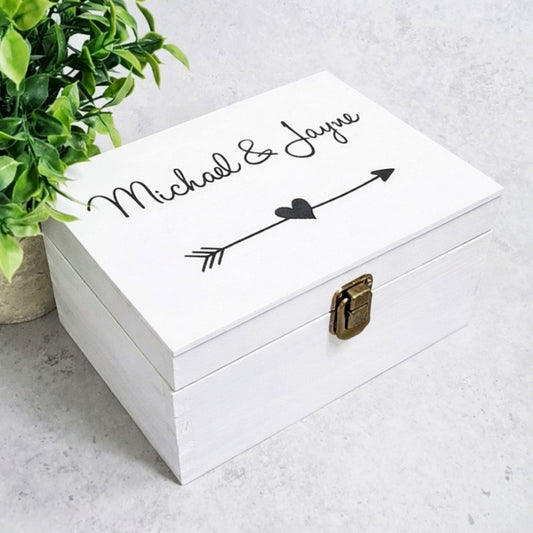 Mr & Mrs Cute Wedding Gift I Bride and Groom Heart Wood Memory Box - 6 Sizes Small to XLarge