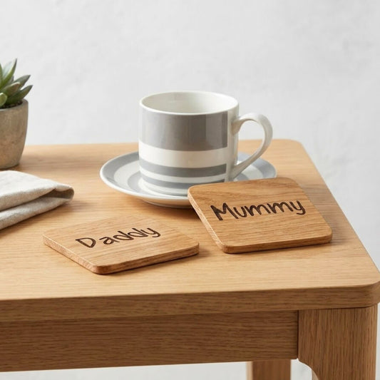 Mummy & Daddy Oak Coaster Set