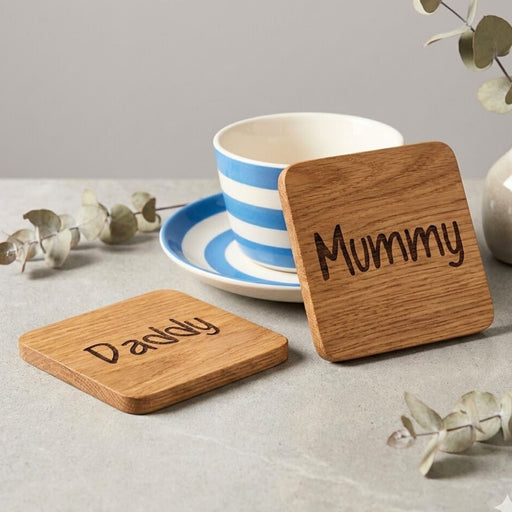 Mummy & Daddy Oak Coaster Set