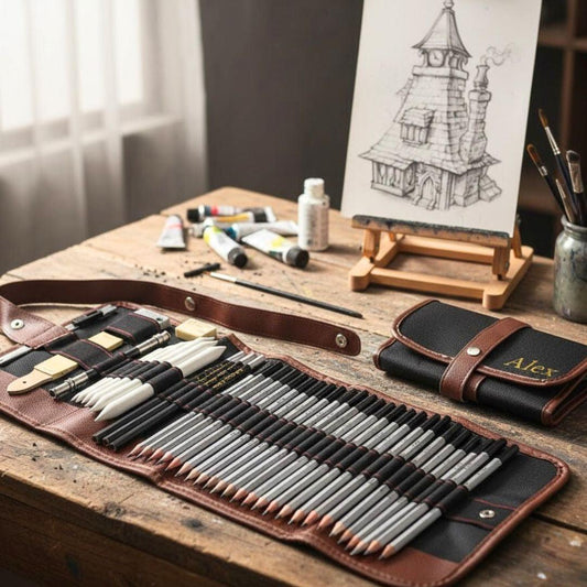 Personalised 39-Piece Professional Sketching Pencil Set with Roll-Up Case