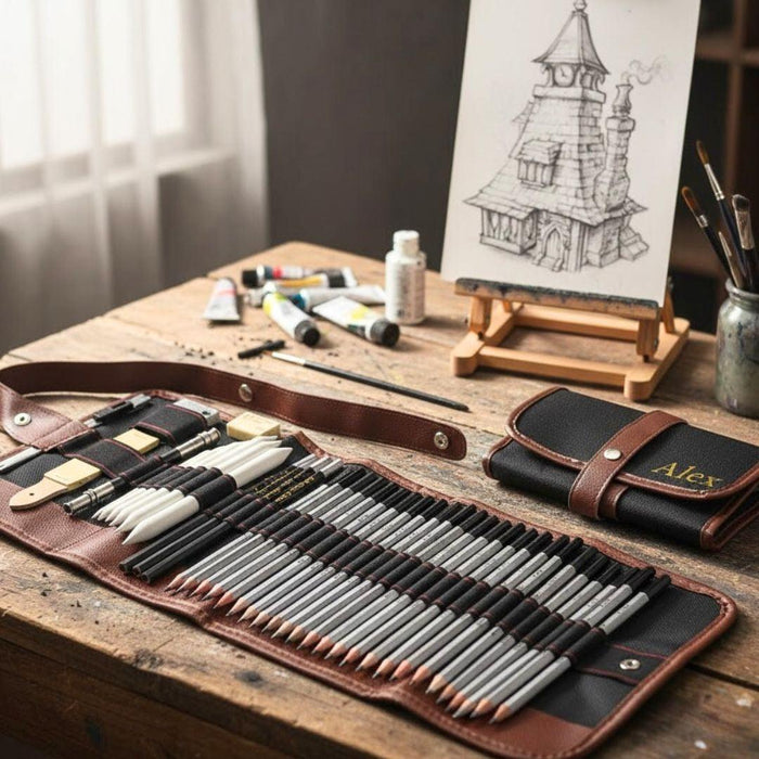 Personalised 39-Piece Professional Sketching Pencil Set with Roll-Up Case