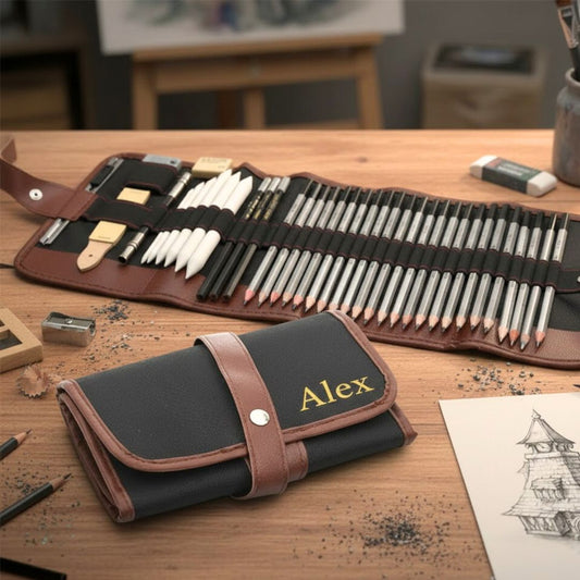Personalised 39-Piece Professional Sketching Pencil Set with Roll-Up Case