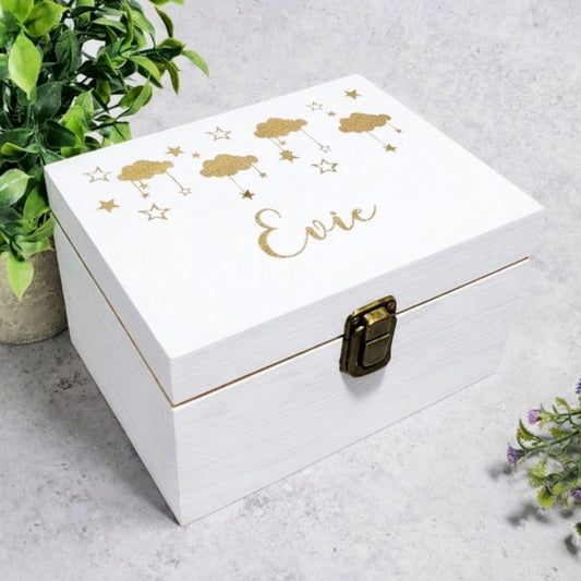 Personalised Baby Memory Box - Wooden Newborn Keepsake Box with Stars & Clouds - Christening & Baby Shower Gift | 6 Sizes Small to Extra Large