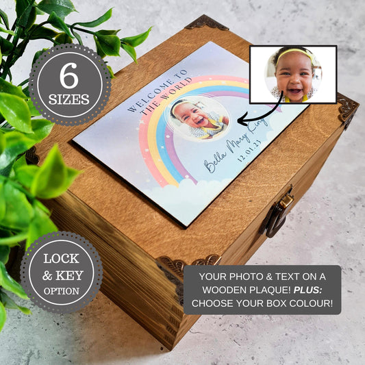 Personalised Baby Photo Keepsake Box I Newborn Milestone Memory Box I Large Wooden Nursery Storage Box