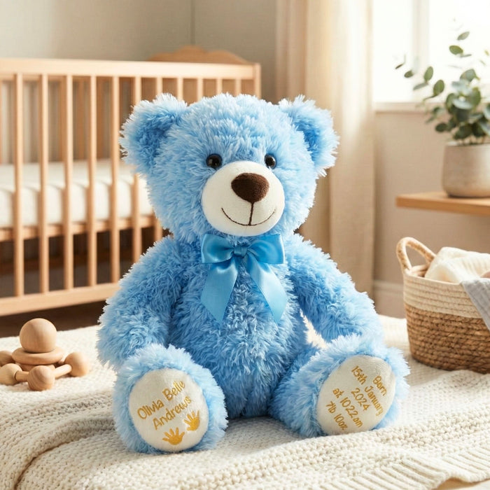 Personalised Baby Teddy Bear With Birth Details - Plush Toy Customised With Name, Birthdate & Weight