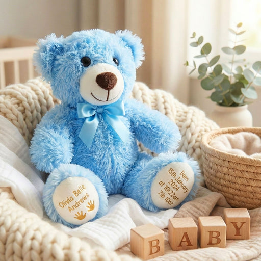 Personalised Baby Teddy Bear With Birth Details - Plush Toy Customised With Name, Birthdate & Weight