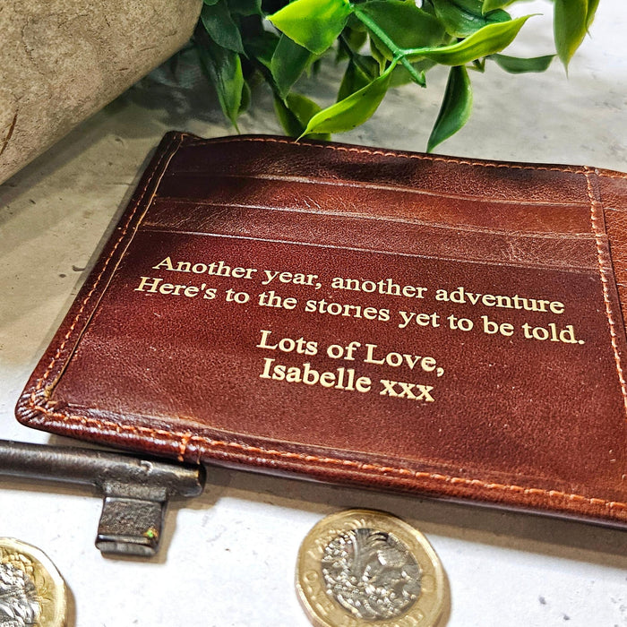 Personalised Genuine Brown Leather Wallet - Custom Message Accessory Gift for Men