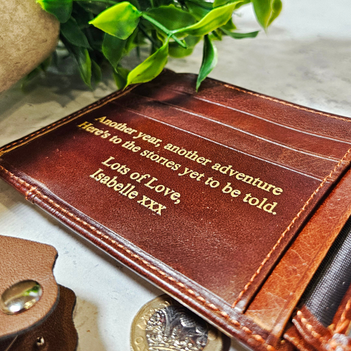 Personalised Genuine Brown Leather Wallet - Custom Message Accessory Gift for Men
