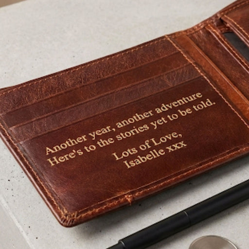 Personalised Genuine Brown Leather Wallet - Custom Message Accessory Gift for Men