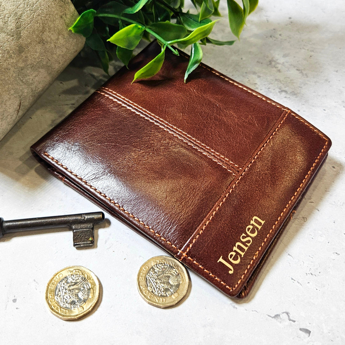 Personalised Genuine Brown Leather Wallet - Custom Message Accessory Gift for Men