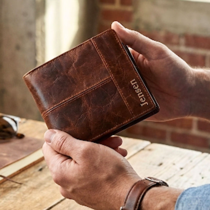 Personalised Genuine Brown Leather Wallet - Custom Message Accessory Gift for Men