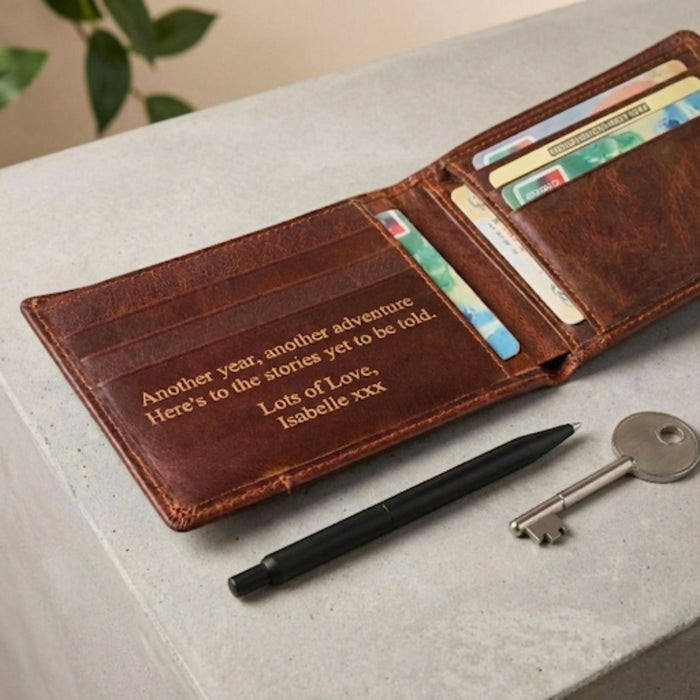 Personalised Genuine Brown Leather Wallet - Custom Message Accessory Gift for Men