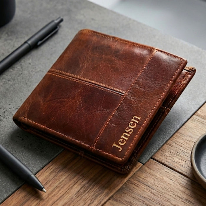 Personalised Genuine Brown Leather Wallet - Custom Message Accessory Gift for Men