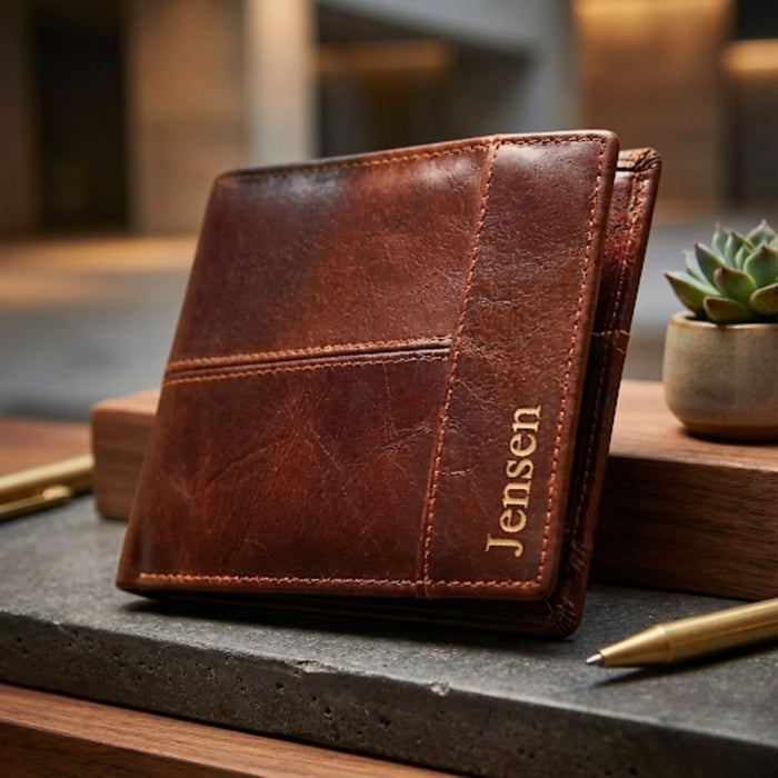 Personalised Genuine Brown Leather Wallet - Custom Message Accessory Gift for Men