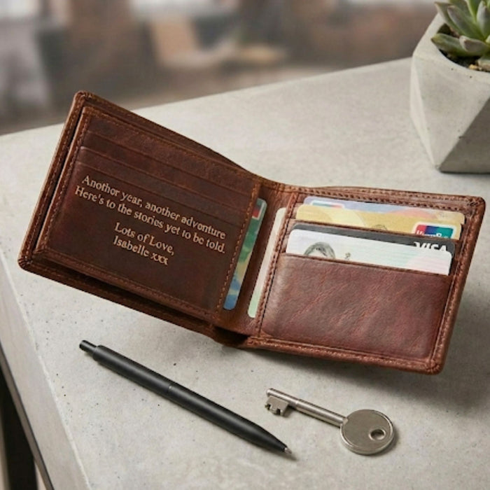 Personalised Genuine Brown Leather Wallet - Custom Message Accessory Gift for Men