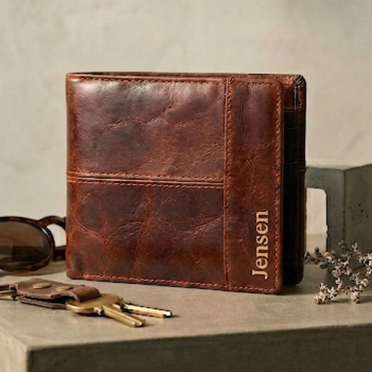Personalised Genuine Brown Leather Wallet - Custom Message Accessory Gift for Men
