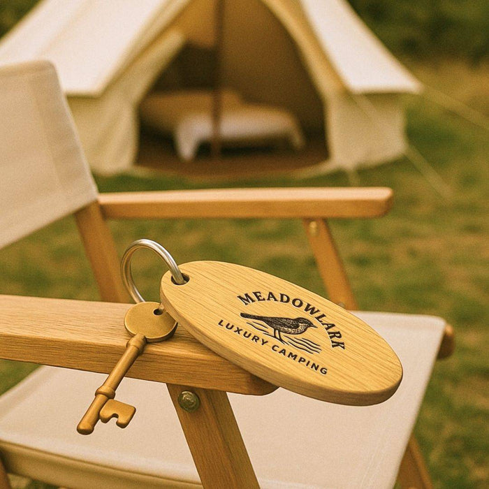Personalised Glamping Campsite Keyring I Engraved Wooden Guest Keyring I Hotel Guest Room Keychain I Custom Cottage Key Fob