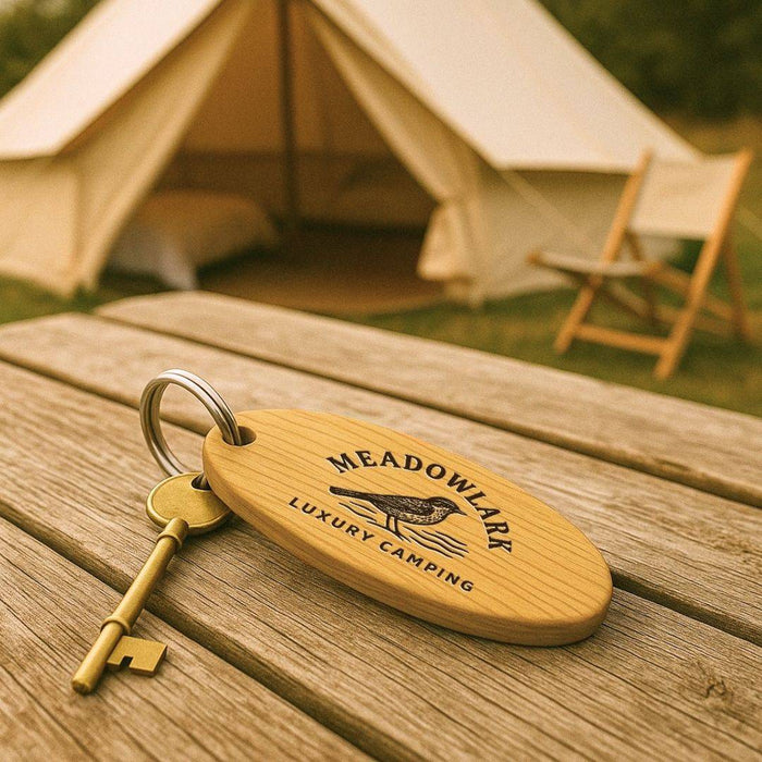 Personalised Glamping Campsite Keyring I Engraved Wooden Guest Keyring I Hotel Guest Room Keychain I Custom Cottage Key Fob