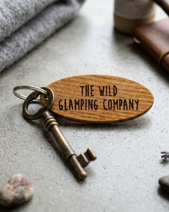 Personalised Glamping Campsite Keyring I Engraved Wooden Guest Keyring I Hotel Guest Room Keychain I Custom Cottage Key Fob