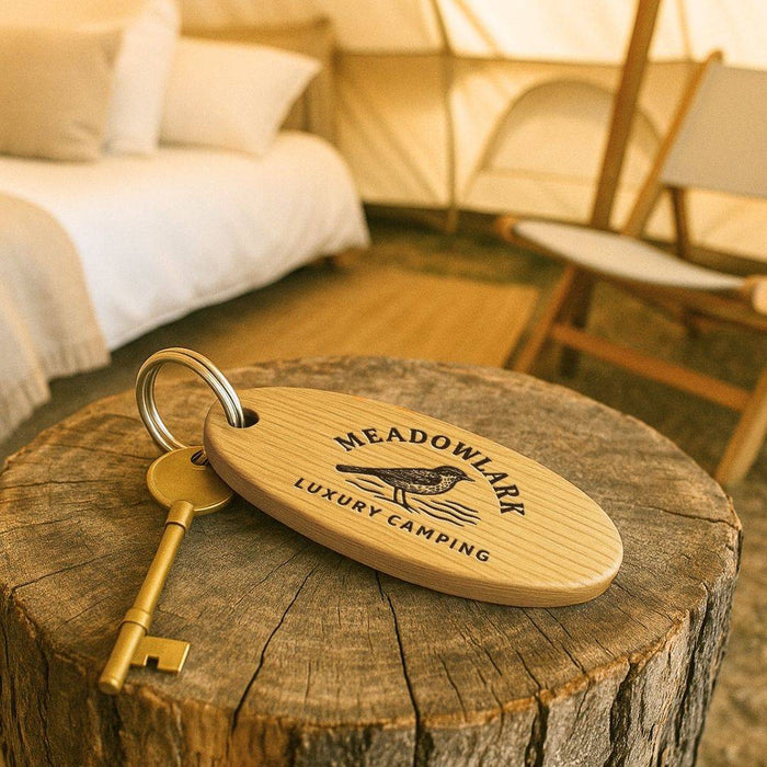 Personalised Glamping Campsite Keyring I Engraved Wooden Guest Keyring I Hotel Guest Room Keychain I Custom Cottage Key Fob
