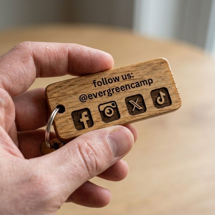 Personalised Glamping Keyring, Wooden Guest Keyring, Engraved Cabin Key Fob for Glamping Site, Glamping Pod Logo Keychain