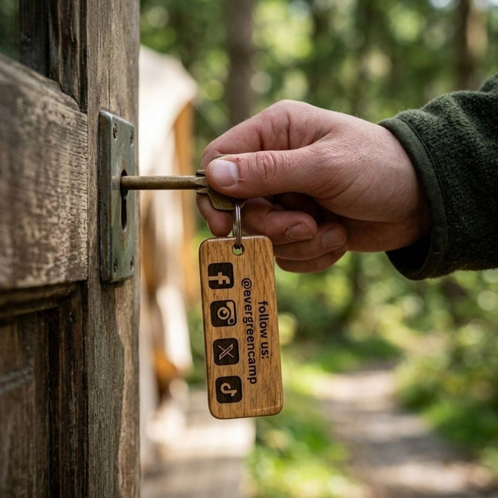 Personalised Glamping Keyring, Wooden Guest Keyring, Engraved Cabin Key Fob for Glamping Site, Glamping Pod Logo Keychain