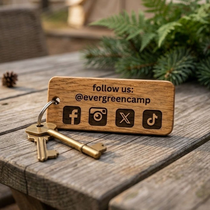 Personalised Glamping Keyring, Wooden Guest Keyring, Engraved Cabin Key Fob for Glamping Site, Glamping Pod Logo Keychain