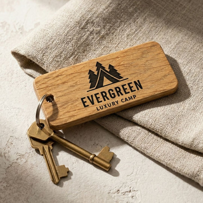 Personalised Glamping Keyring, Wooden Guest Keyring, Engraved Cabin Key Fob for Glamping Site, Glamping Pod Logo Keychain