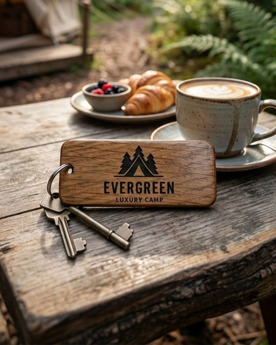 Personalised Glamping Keyring, Wooden Guest Keyring, Engraved Cabin Key Fob for Glamping Site, Glamping Pod Logo Keychain