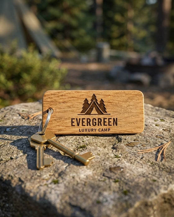 Personalised Glamping Keyring, Wooden Guest Keyring, Engraved Cabin Key Fob for Glamping Site, Glamping Pod Logo Keychain