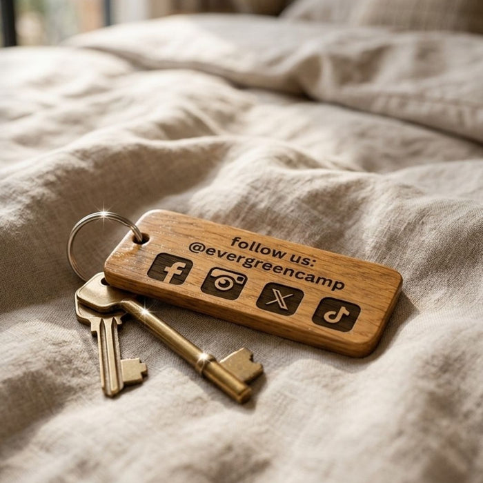 Personalised Glamping Keyring, Wooden Guest Keyring, Engraved Cabin Key Fob for Glamping Site, Glamping Pod Logo Keychain