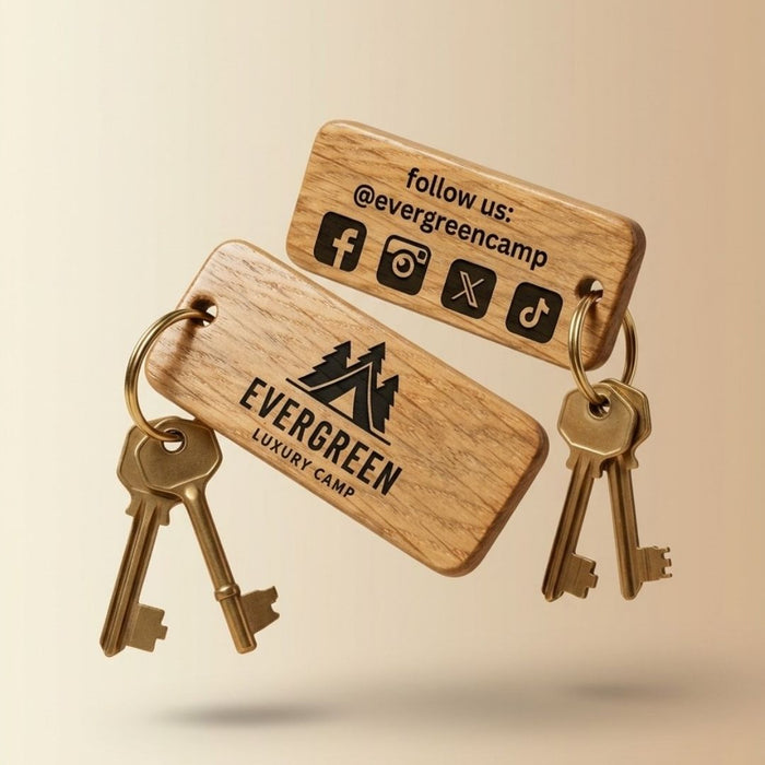 Personalised Glamping Keyring, Wooden Guest Keyring, Engraved Cabin Key Fob for Glamping Site, Glamping Pod Logo Keychain