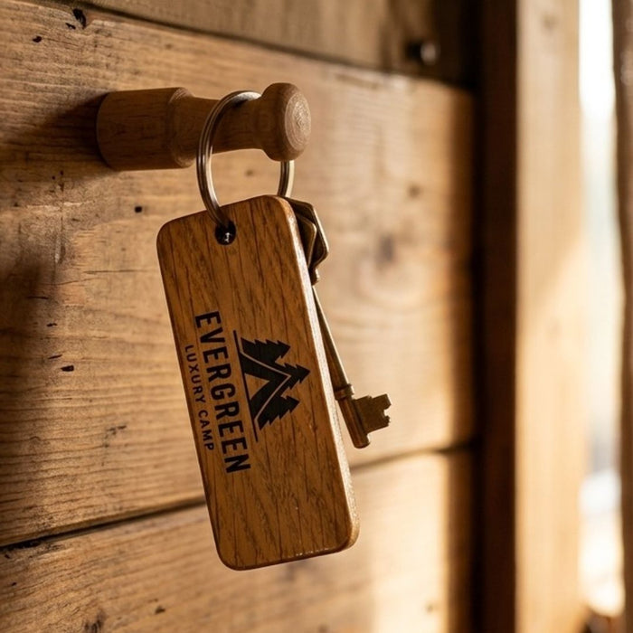 Personalised Glamping Keyring, Wooden Guest Keyring, Engraved Cabin Key Fob for Glamping Site, Glamping Pod Logo Keychain