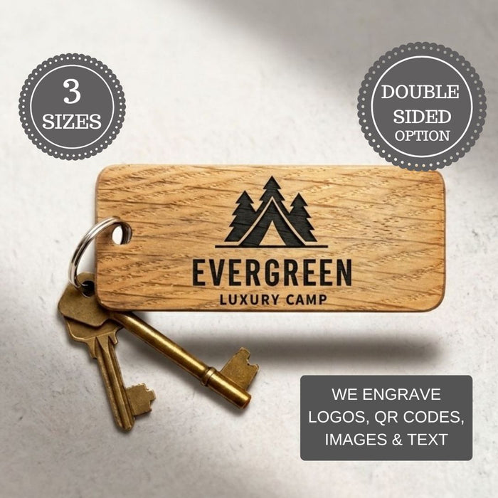 Personalised Glamping Keyring, Wooden Guest Keyring, Engraved Cabin Key Fob for Glamping Site, Glamping Pod Logo Keychain