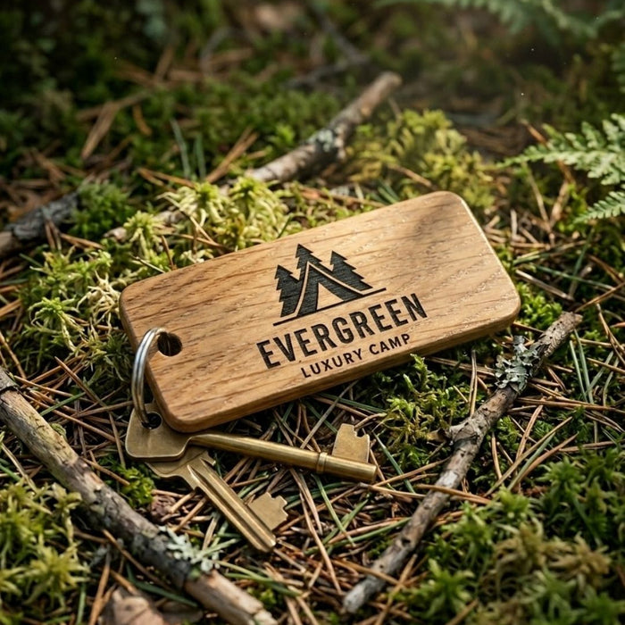 Personalised Glamping Keyring, Wooden Guest Keyring, Engraved Cabin Key Fob for Glamping Site, Glamping Pod Logo Keychain