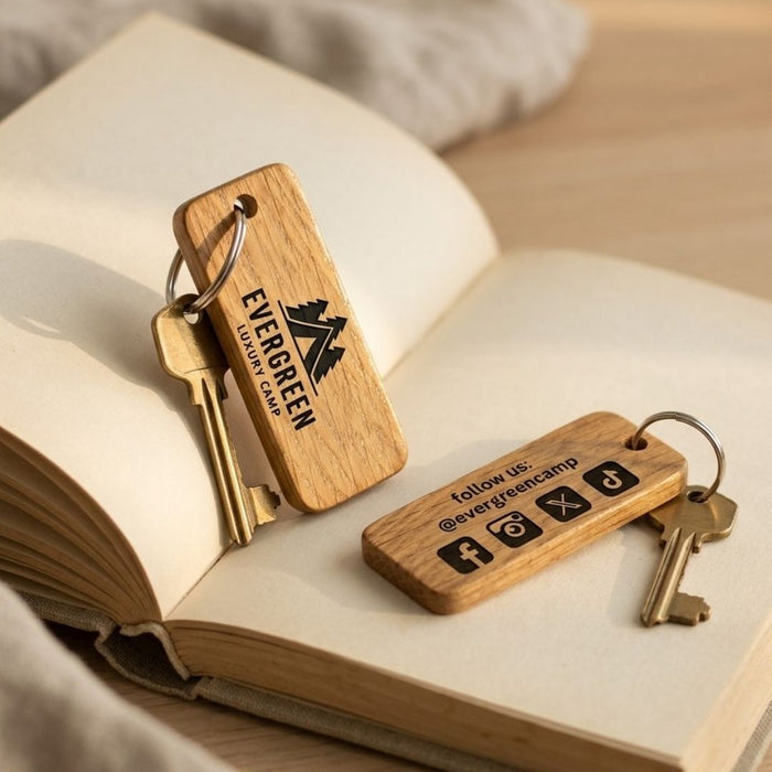 Personalised Glamping Keyring, Wooden Guest Keyring, Engraved Cabin Key Fob for Glamping Site, Glamping Pod Logo Keychain