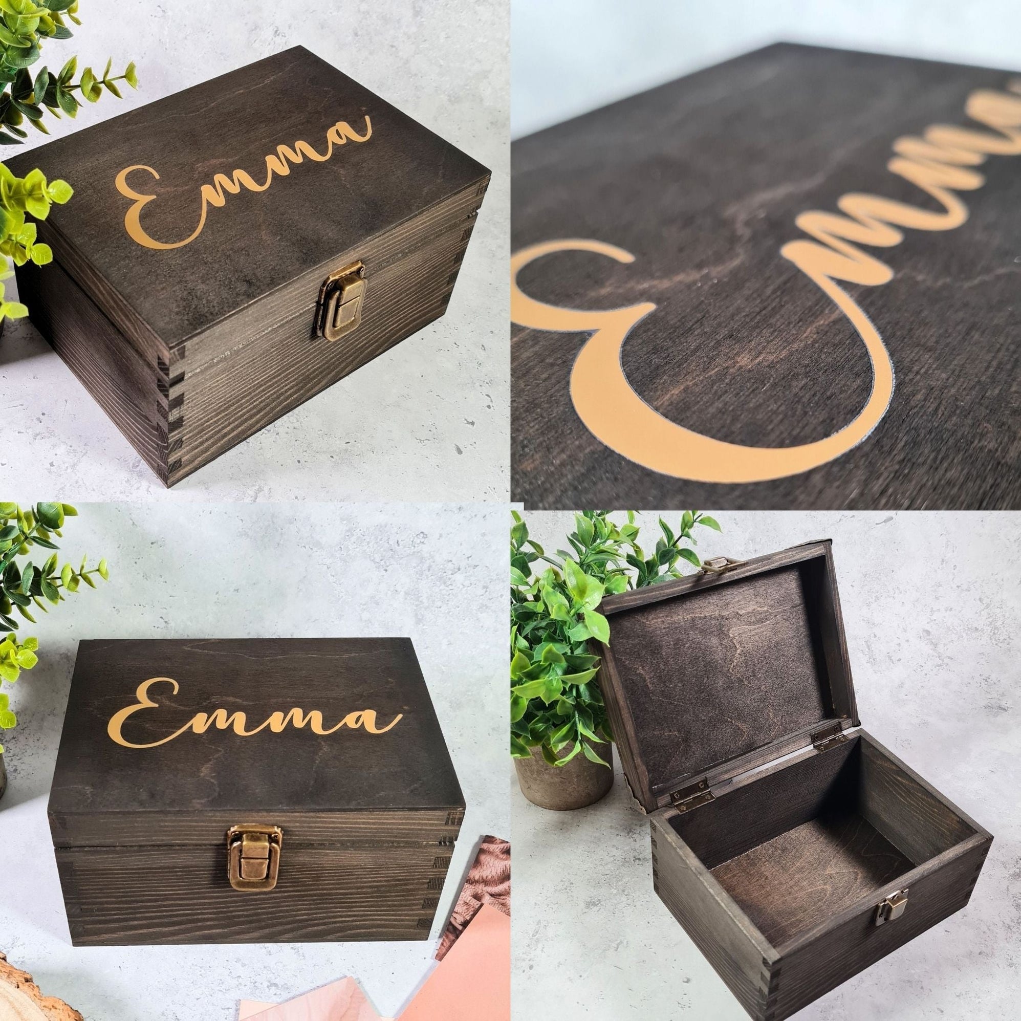 Personalised Gold Name Box I Small & Large Lockable Wood Memory Boxes ...
