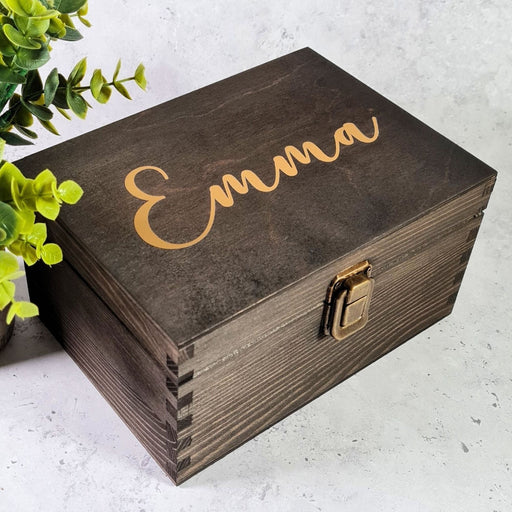 Personalised Gold Name Box I Small & Large Lockable Wood Memory Boxes