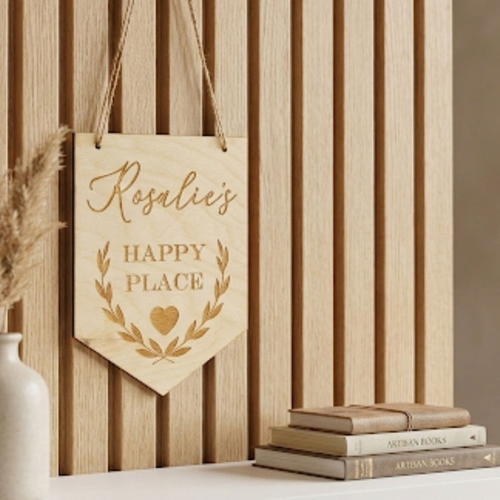 Personalised Happy Place Flag Sign I Wood Laurel Leaf Door Hanging I Well being Gift