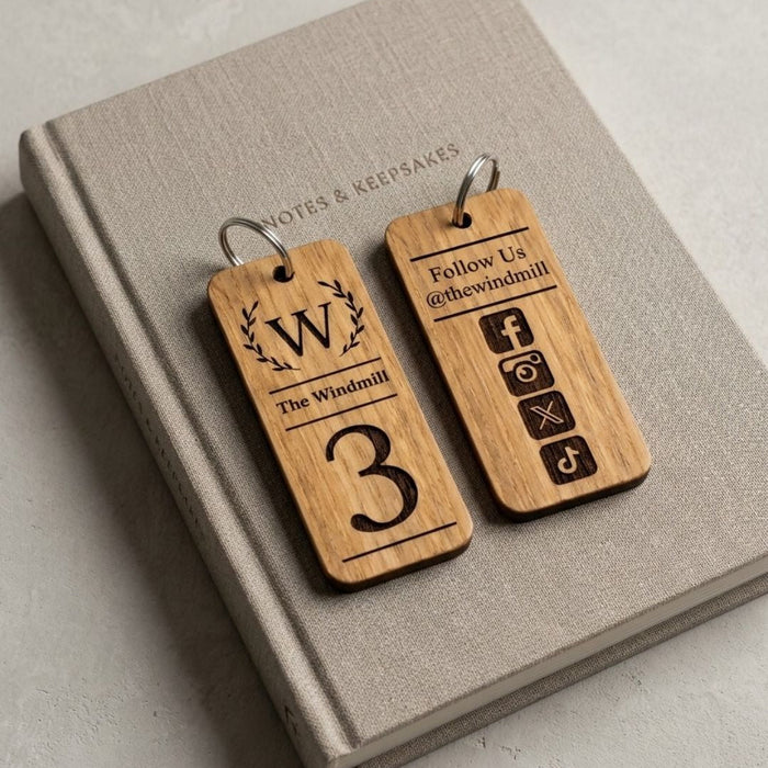 Personalised Holiday Let Keyring, Wooden Keyring for Holiday Homes & Cottages, Self Catering Accommodation Keychain, Airbnb Guest Key Fob