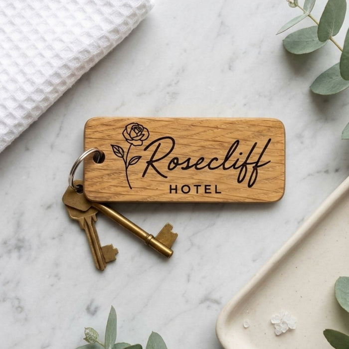 Personalised Hotel Guesthouse Wood Keyring I Name Fob