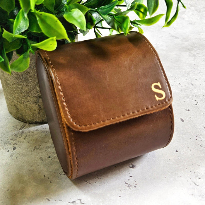 Personalised Leather Roll Watch Box - Gold Monogrammed Luxury Watch Case For Men