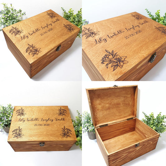Personalised Lily Flower Baby Keepsake Box I Wooden Memory Box I Gift Idea