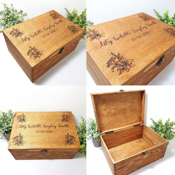 Personalised Lily Flower Baby Keepsake Box I Wooden Memory Box I Gift Idea - 6 Sizes Small to XLarge