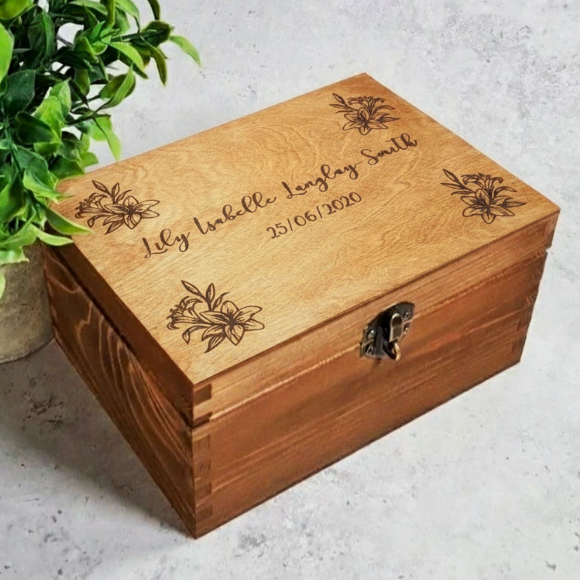 Personalised Lily Flower Baby Keepsake Box I Wooden Memory Box I Gift Idea - 6 Sizes Small to XLarge