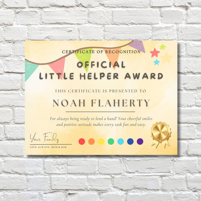Personalised Little Helper Children's Metal Certificate