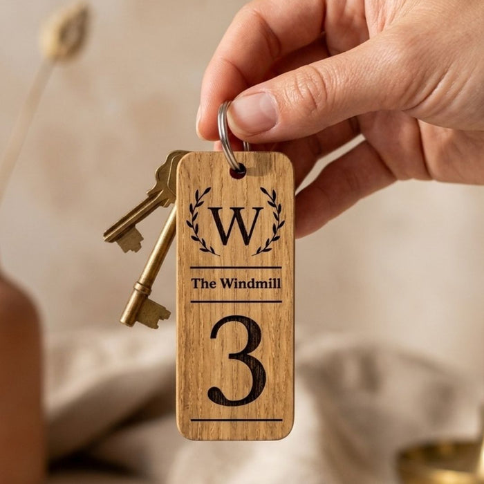 Personalised Logo Number Keyring I Custom Engraved Oak Wood Keyring I Hotel Business Keychain I